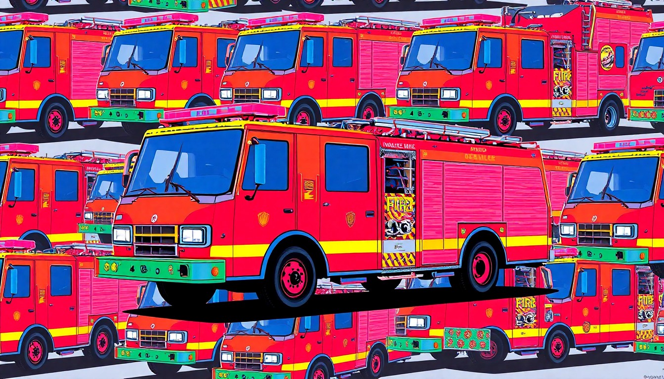 A bold, colorful silkscreen-style illustration featuring a fire truck repeated in a grid pattern, with overlapping neon hues and thick black outlines, conveying the celebratory energy of a long-serving public servant's retirement.