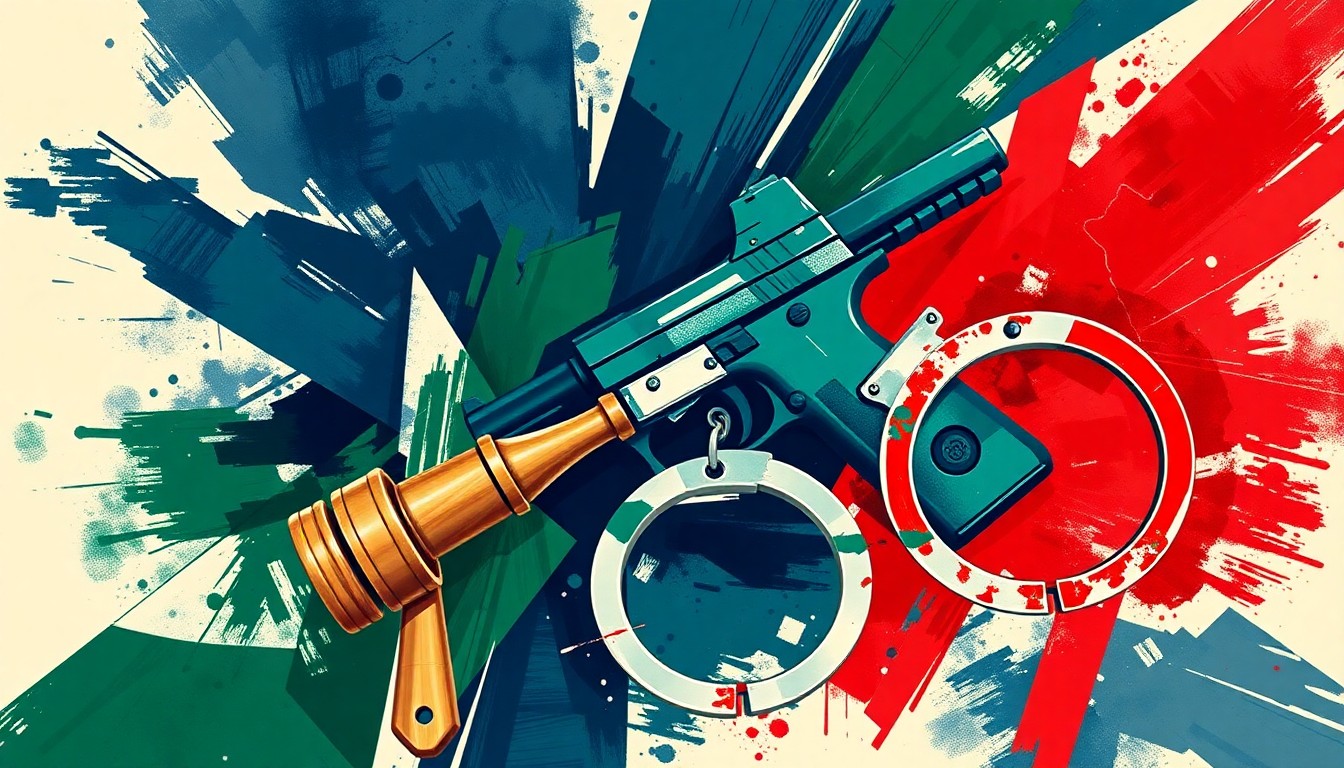 An abstract, avant-garde painting depicting fragmented, overlapping images of a gavel, gun, and handcuffs in a dynamic composition of navy, green, and red hues, conveying the contentious nature of the gun control debate.