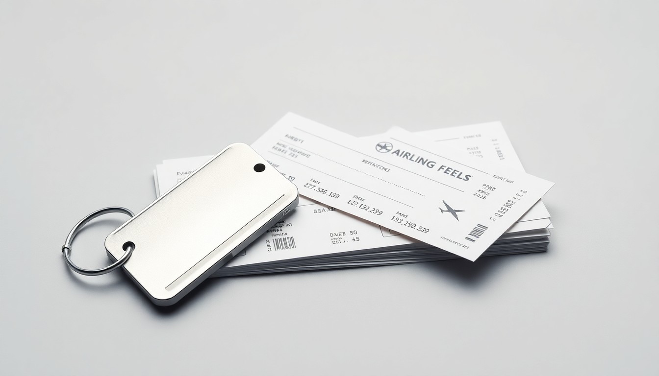 A minimalist studio still life featuring a polished metal luggage tag and a stack of airline boarding passes, symbolizing the changing airline industry and the impact of rising fuel costs on passenger fees.