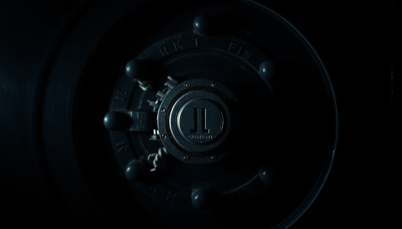 An extreme close-up photograph of a damaged bank vault lock mechanism, lit by a harsh, direct camera flash against a pitch-black background, conceptually illustrating the aftermath of a bank robbery.