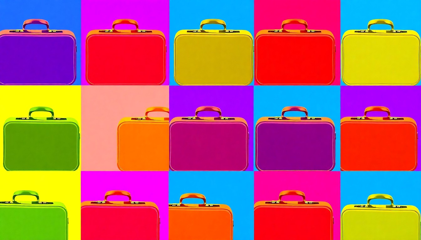 A brightly colored, high-contrast silkscreen print of a single, iconic door-to-door salesman's briefcase repeated in a tight grid pattern, conceptually representing the rise in unsolicited sales activity in Utah neighborhoods.