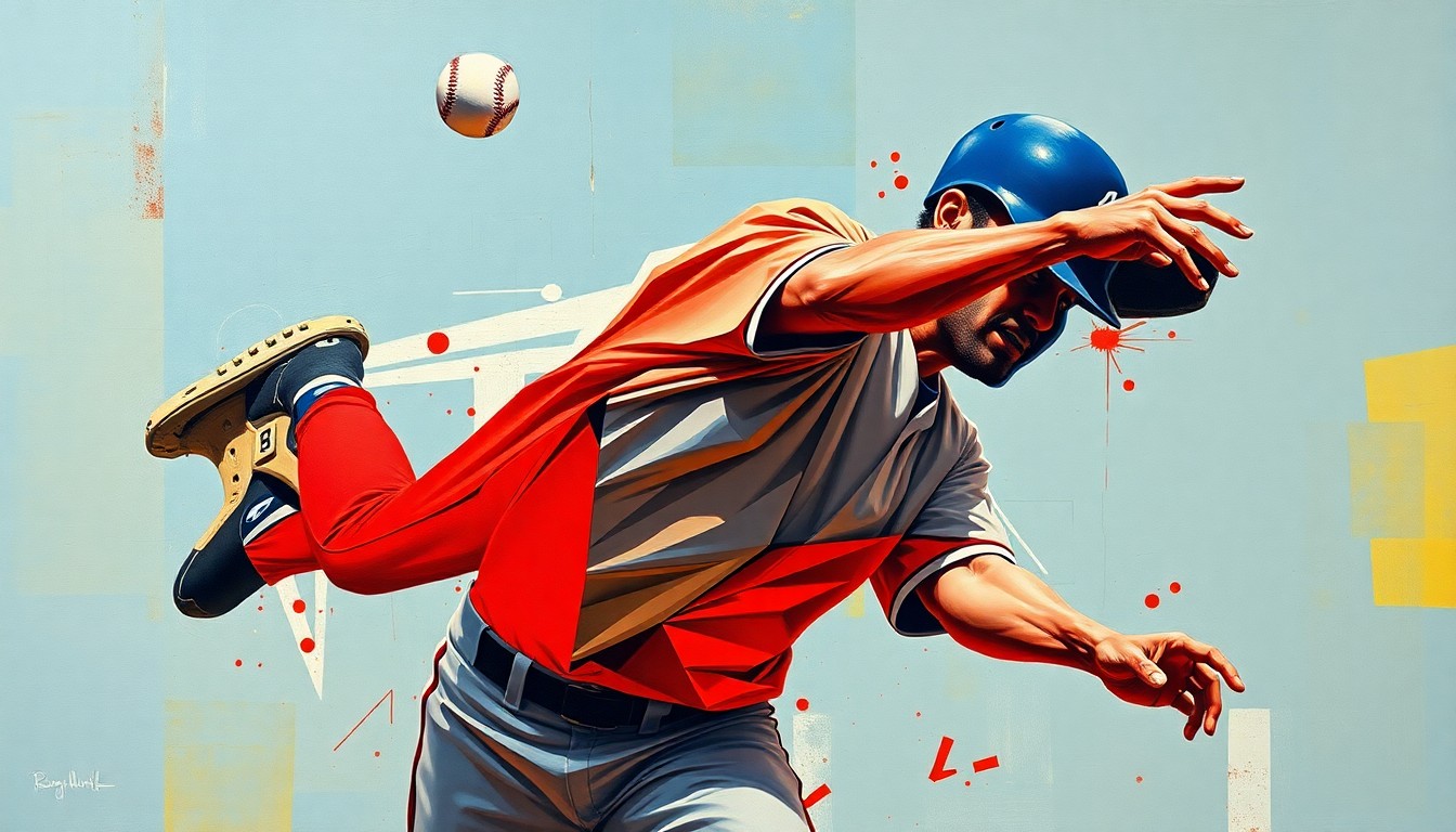 A fragmented, geometric painting depicting a baseball player making an off-target throw, their body and the ball's trajectory broken down into sharp, overlapping planes of color, visually representing the defensive issues plaguing the Boston Red Sox.
