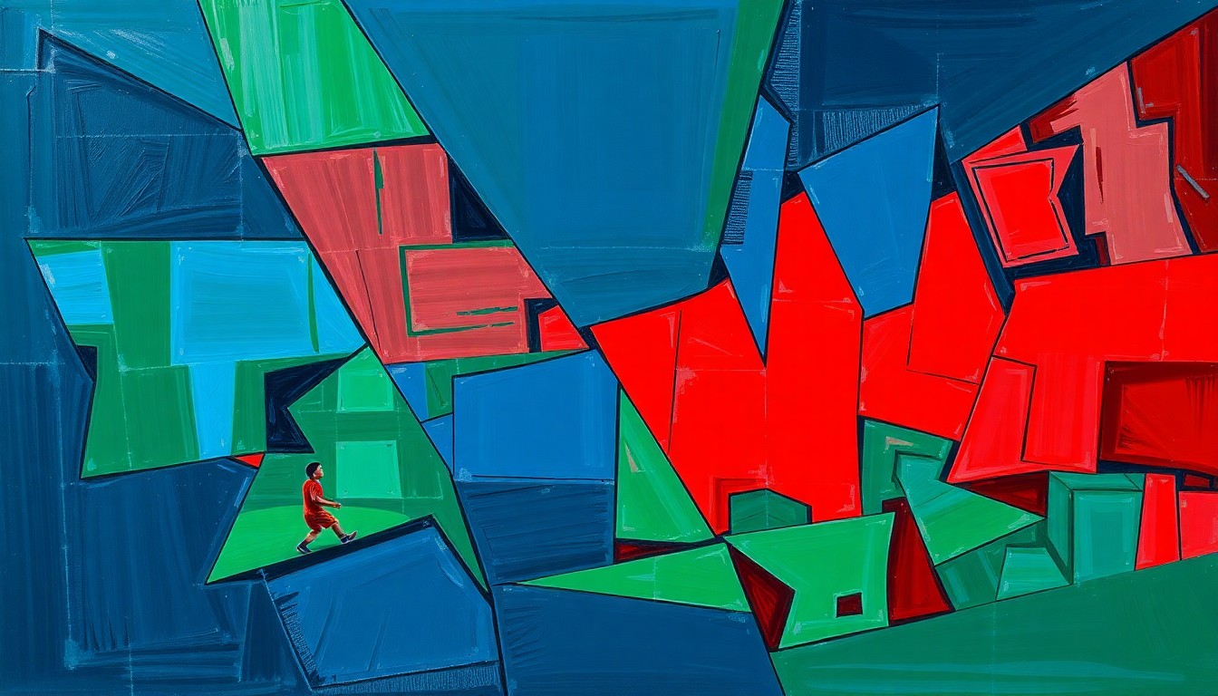 A fragmented, cubist-style painting depicting a youth sports game or practice, with sharp geometric shapes in navy, green, and red overlapping to create a dynamic, multi-angled visual representation of the proposed facility.