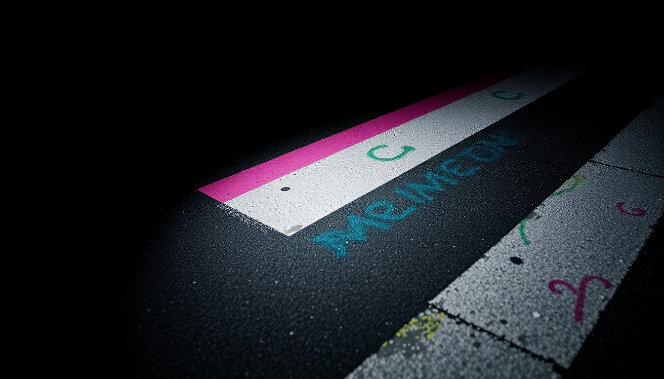 An extreme close-up photograph of a section of a crosswalk covered in colorful chalk markings, creating a stark, gritty, investigative aesthetic.