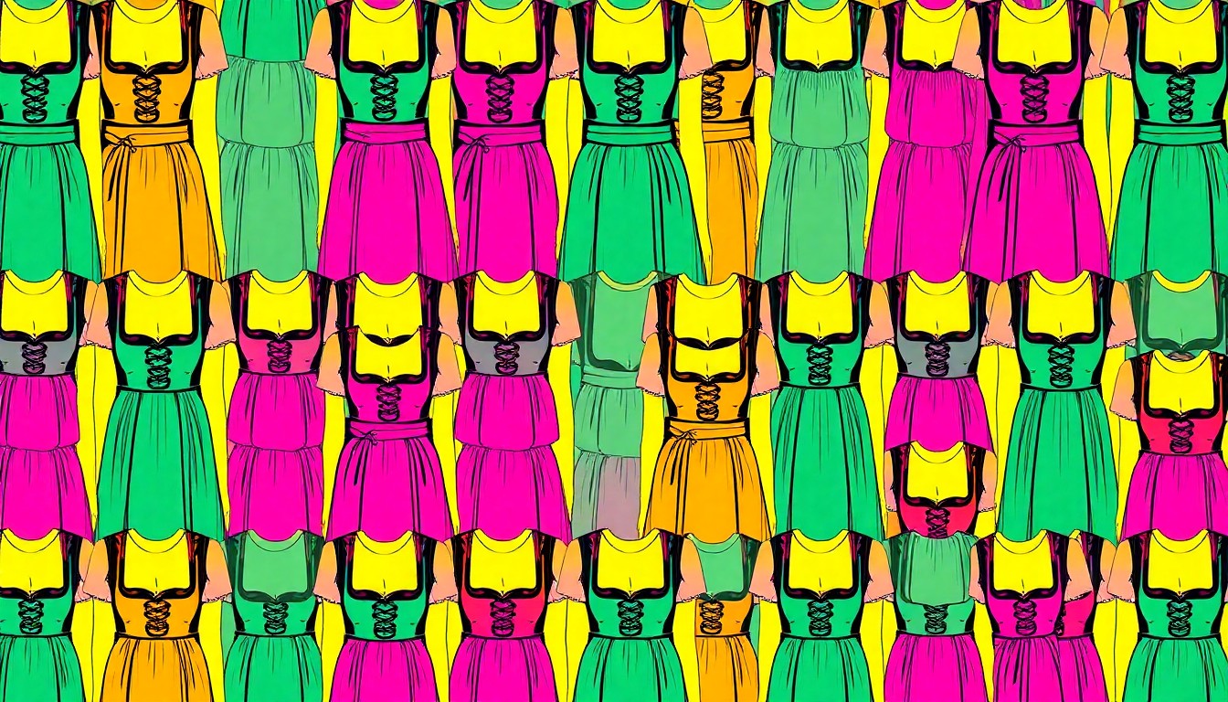 A brightly colored, high-contrast silkscreen print of a traditional German dirndl dress repeated in a tight grid pattern, utilizing flat, vibrant, and unnatural neon color palettes overlapping with heavy black photographic outlines to turn this everyday cultural garment into modern pop art.