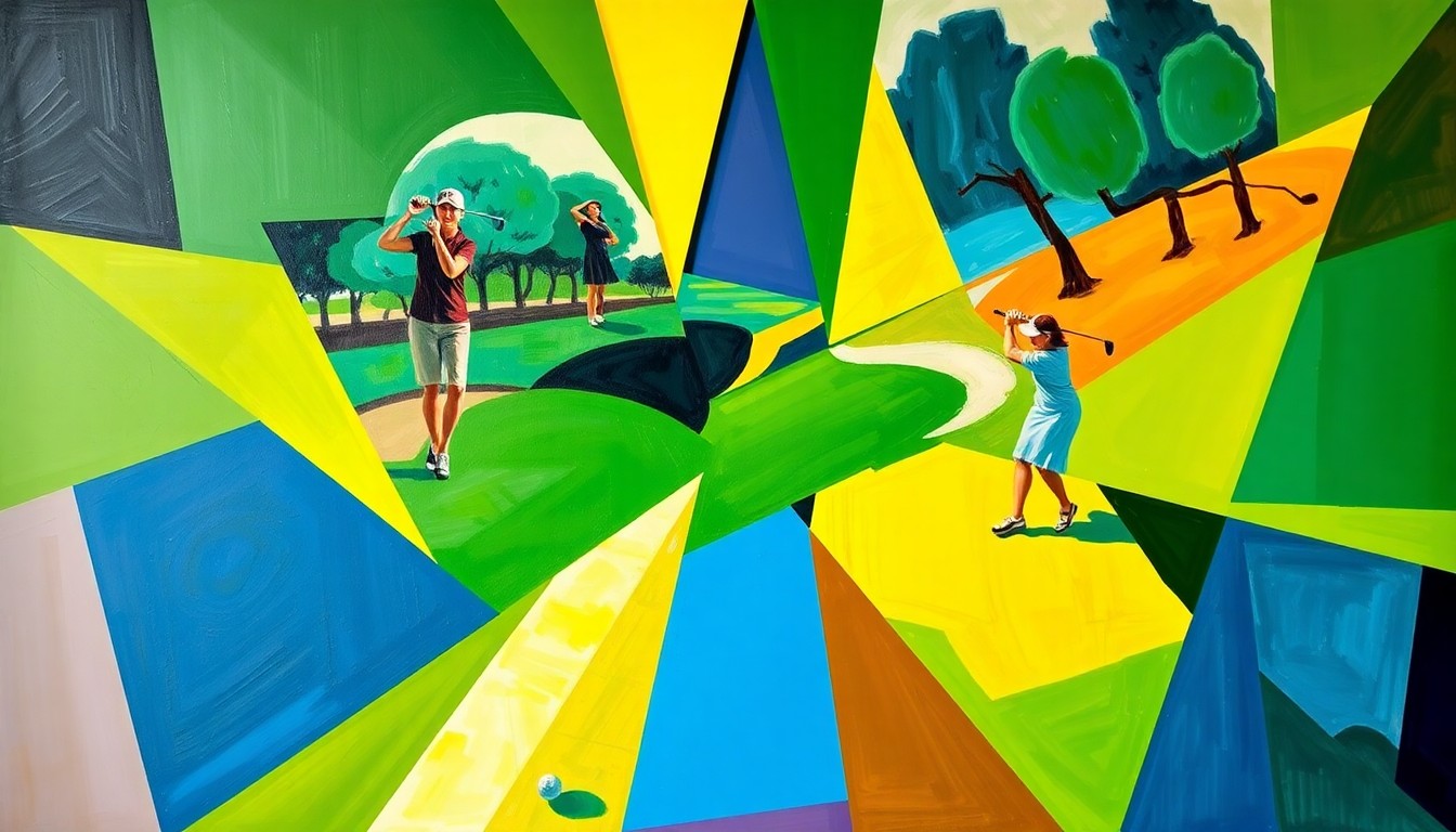 A cubist, geometric painting in vibrant shades of green, blue, and yellow, breaking down a women's golf tournament into sharp, overlapping planes, conceptually representing the Western Kentucky team's struggles at the 'Mo' Morial event.