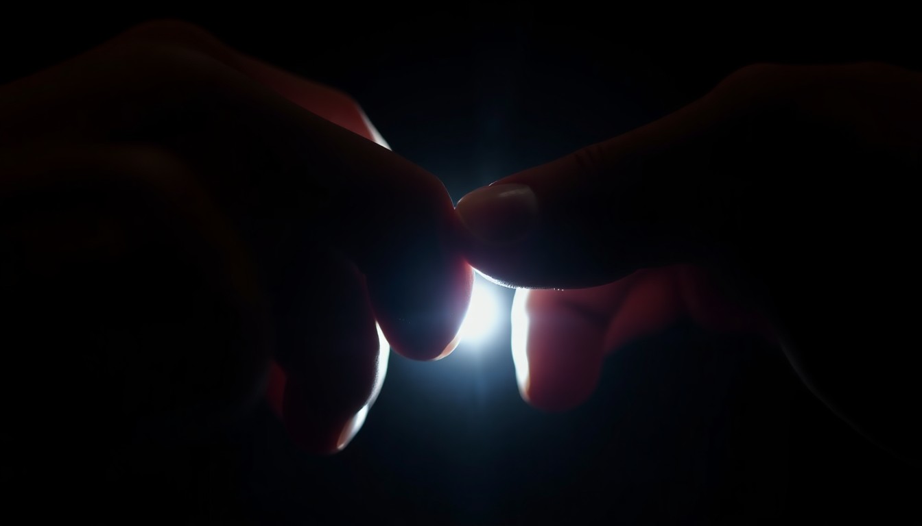 An abstract, high-contrast close-up photograph of two hands interlocking fingers, capturing the tactile intimacy and ambiguous nature of the interaction without revealing any identifiable details.