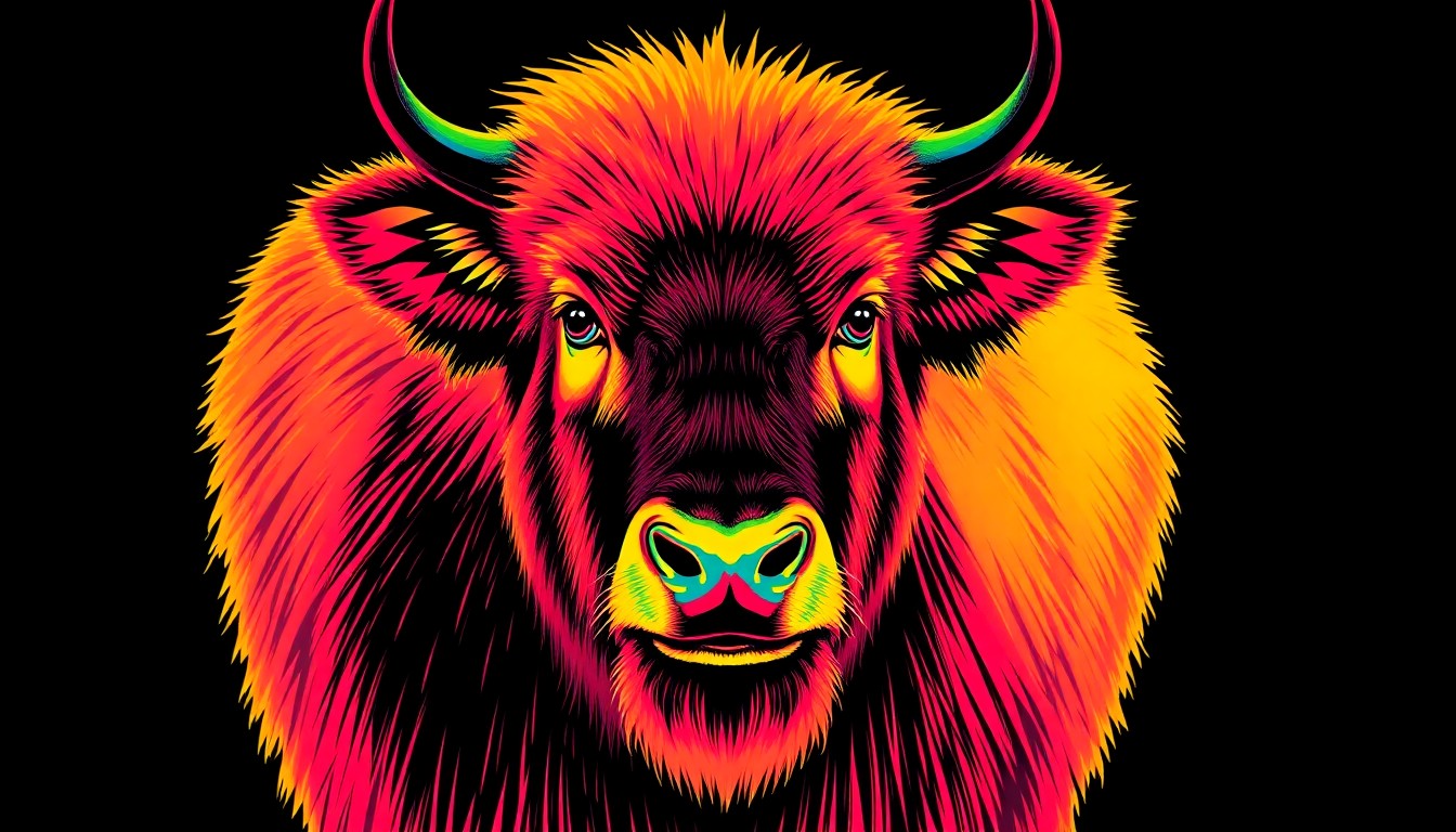 A high-contrast silkscreen print in neon colors depicting a single Sichuan takin repeated in a tight grid pattern, capturing the unique features of this rare goat-antelope species in a modern, abstract style.