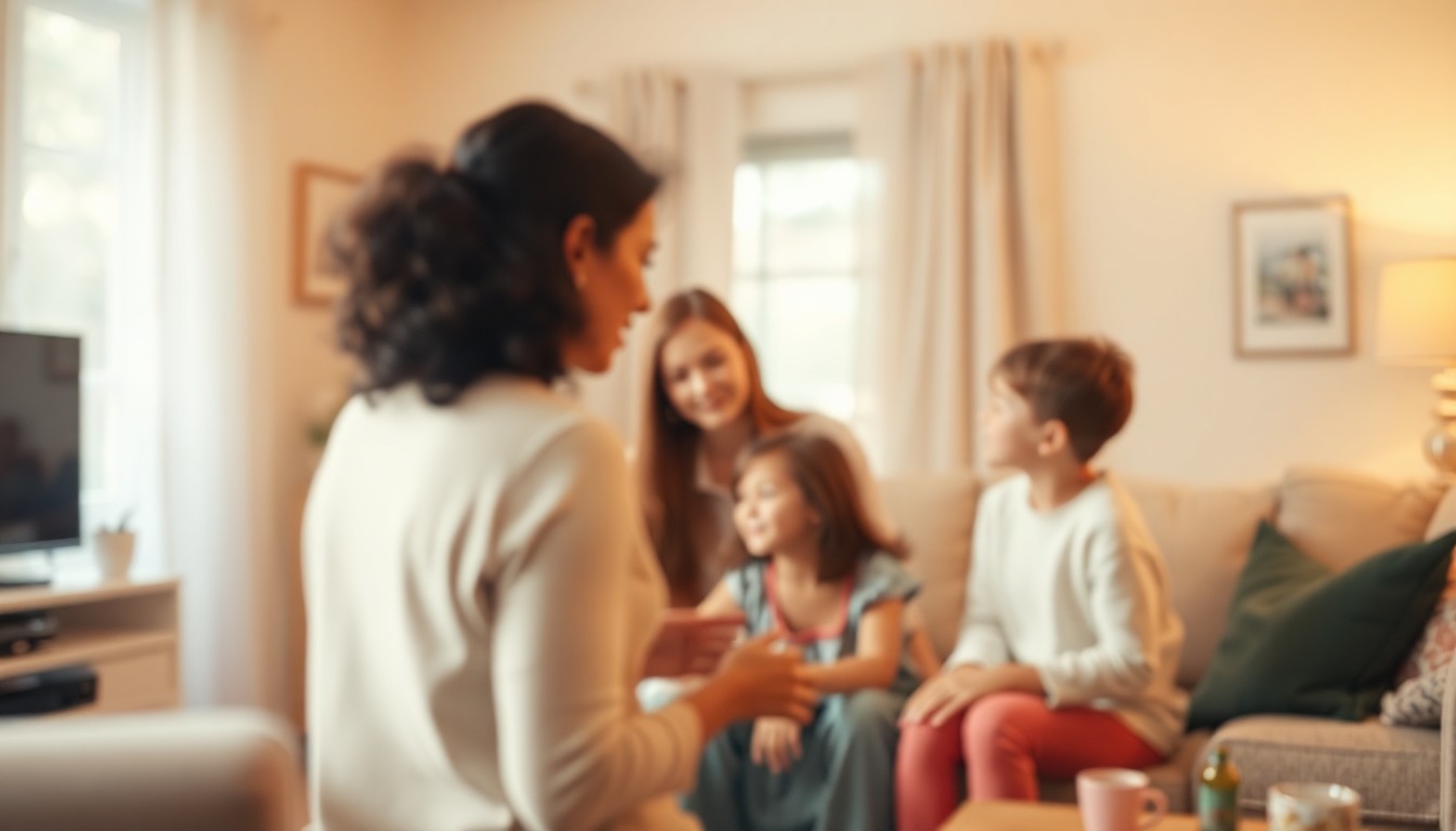 A soft, out-of-focus photograph in warm, pastel tones depicting a home visitor interacting with a young family in their living room, capturing the intimate, personal nature of home visiting.