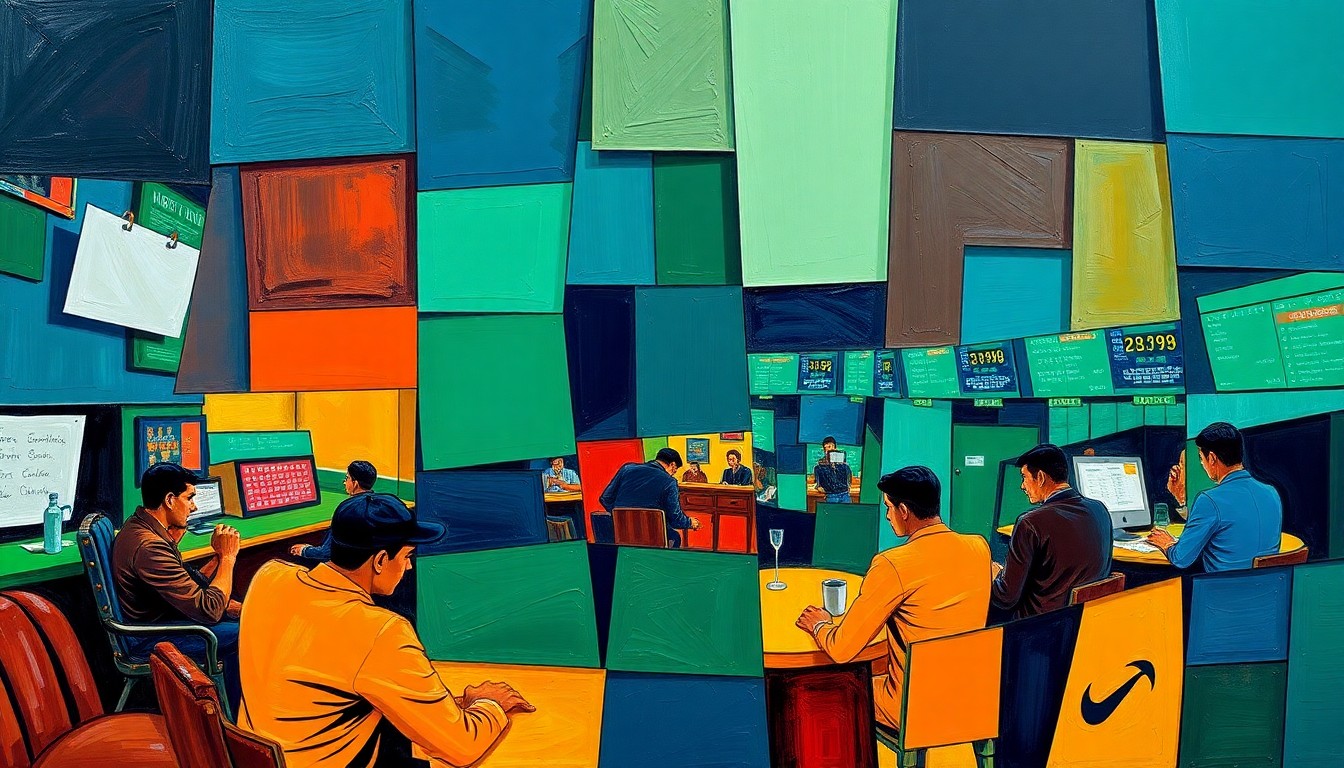 A cubist-style painting depicting a fragmented sports betting scene, with sharp geometric shapes in navy, green, and orange overlapping to create a dynamic, abstract composition.