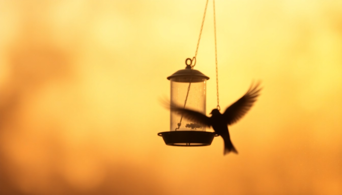 A soft, abstract photograph of a bird feeder outside a window, with the blurred outline of a bird in flight. The image is composed of warm, hazy pools of color and light, creating a tranquil, introspective mood.