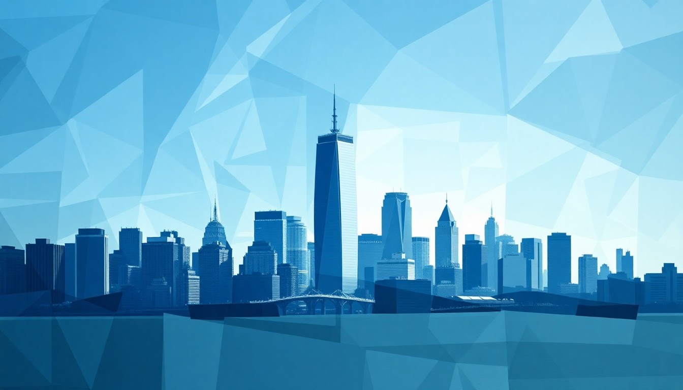 A fractured, abstract painting of a San Francisco skyline silhouette, with a large corporate skyscraper distorted and repeated in waves of blue and gray color, conveying the tension between business and labor in the city.