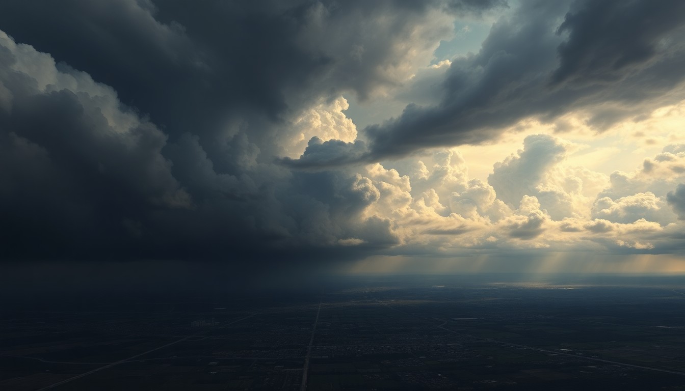 A vast, atmospheric landscape painting in muted tones of grey, blue, and gold, depicting an ominous storm system looming over a distant cityscape, with only faint silhouettes of buildings visible beneath the dramatic, swirling clouds.