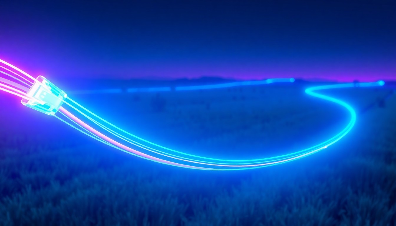 A highly detailed, 3D illustration of a glowing, neon-lit fiber-optic cable winding through a rural landscape, conceptually representing the expansion of high-speed internet infrastructure to connect remote areas.