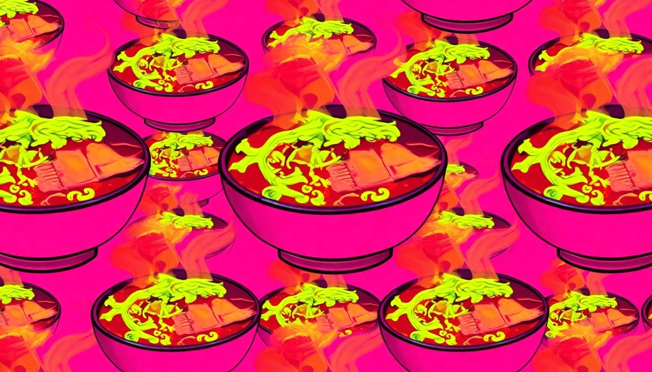 A brightly colored, high-contrast silkscreen print of a steaming bowl of Sichuan-style poached fish with sauerkraut, repeated in a tight grid pattern, conceptually representing the iconic dish that has made Tai Er Sichuan Cuisine a regional favorite.
