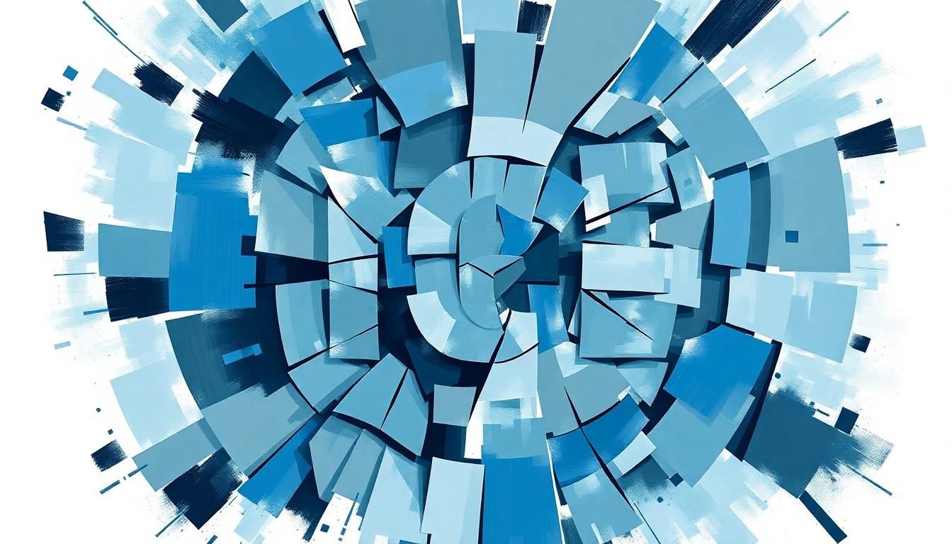 A fragmented, abstract painting of an ICE agent's badge or insignia, with overlapping geometric shapes and waves of blue, grey, and black colors, conveying a sense of disruption and chaos around the immigration enforcement actions.