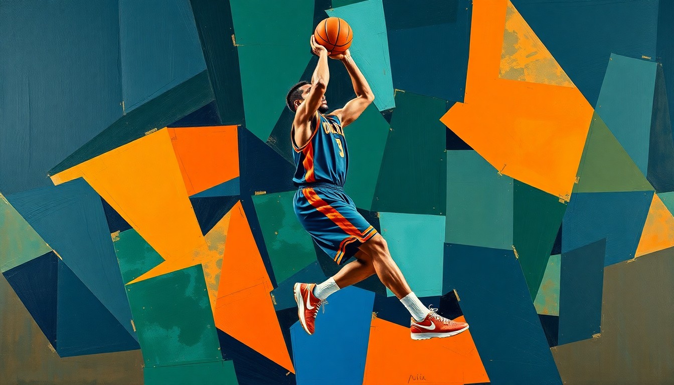 A fragmented, geometric painting depicting the dynamic movements of a basketball player, with sharp planes of navy, green, and orange intersecting to create a sense of energy and motion.
