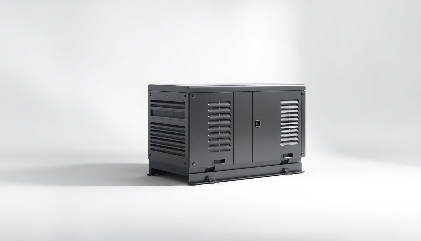 A photorealistic studio still-life photograph of a sleek, metallic power generator or energy storage device placed on a clean, monochromatic background and dramatically lit to convey the abstract concepts of energy production and distribution.