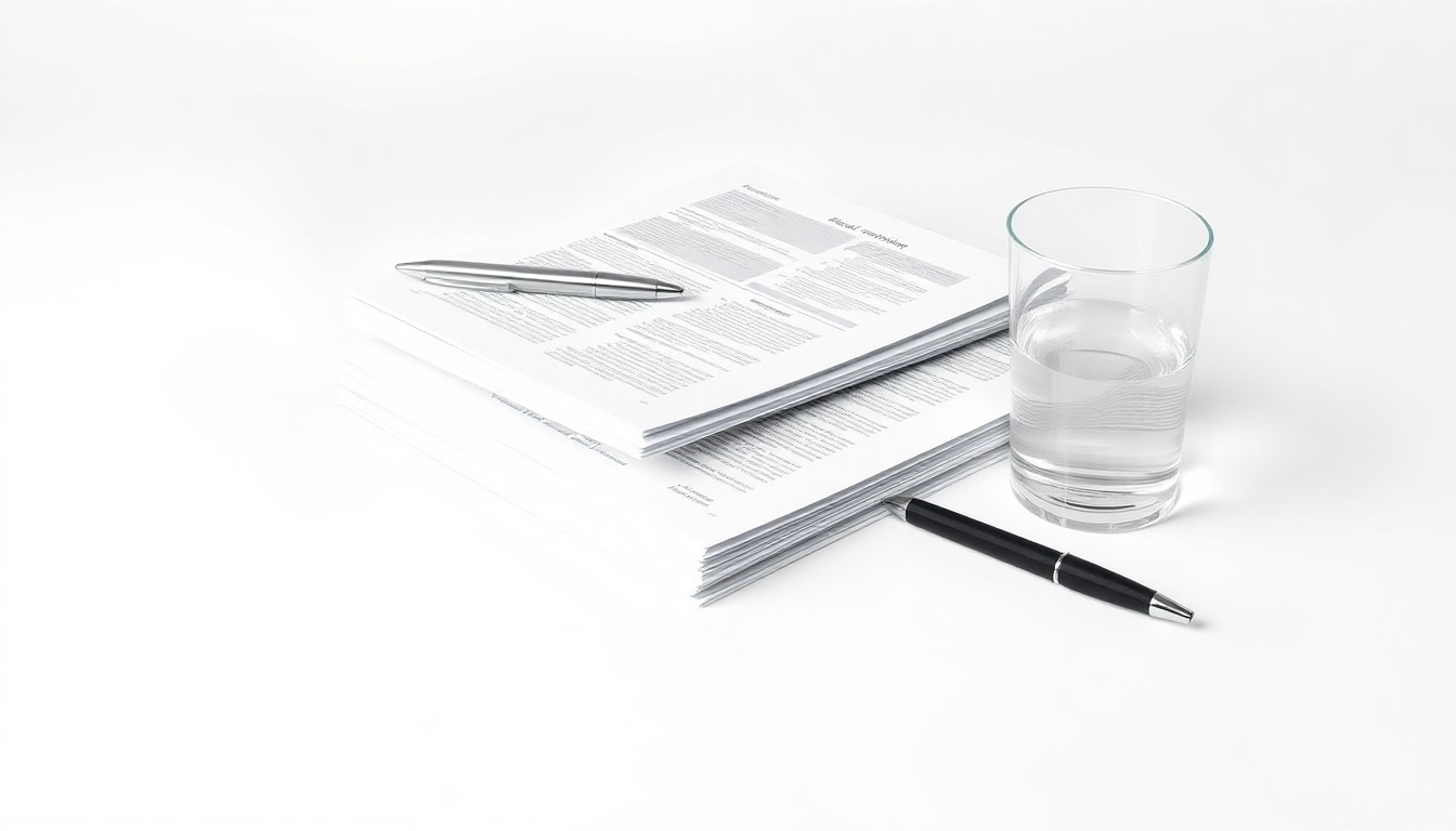 A minimalist studio still life photograph featuring a stack of clean, modern business documents, a pen, and a glass of water on a plain white background, conceptually representing corporate strategy and governance.