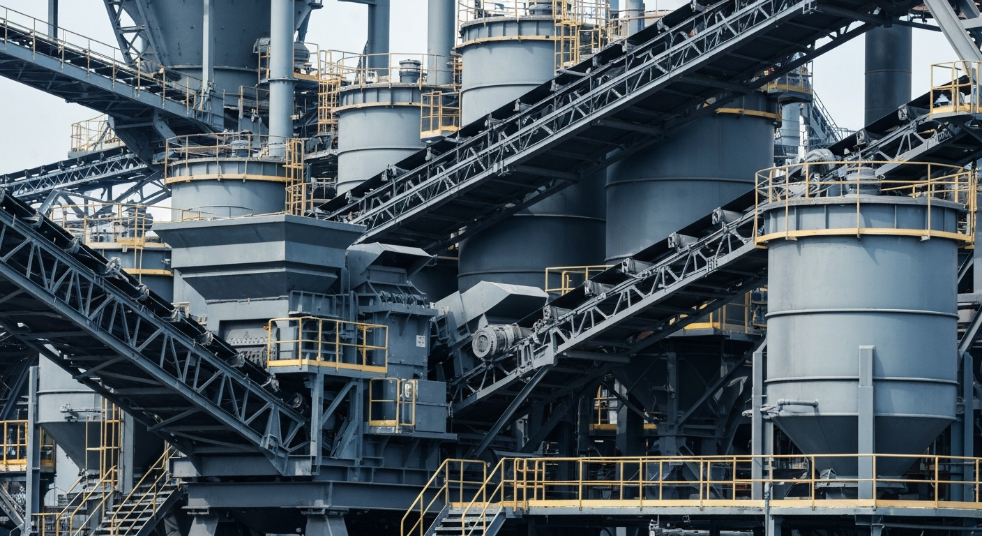 An extreme close-up view of large, industrial mining machinery and equipment, conveying a sense of the physical scale and mechanical nature of mining operations.