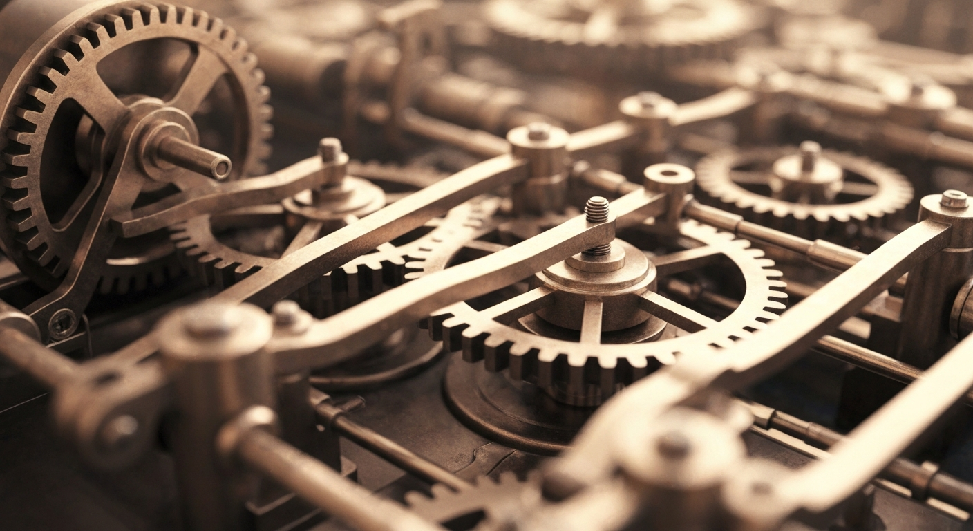 An extreme close-up of metallic gears and levers, representing the complex mechanics of the Federal Reserve's monetary policies and financial infrastructure.