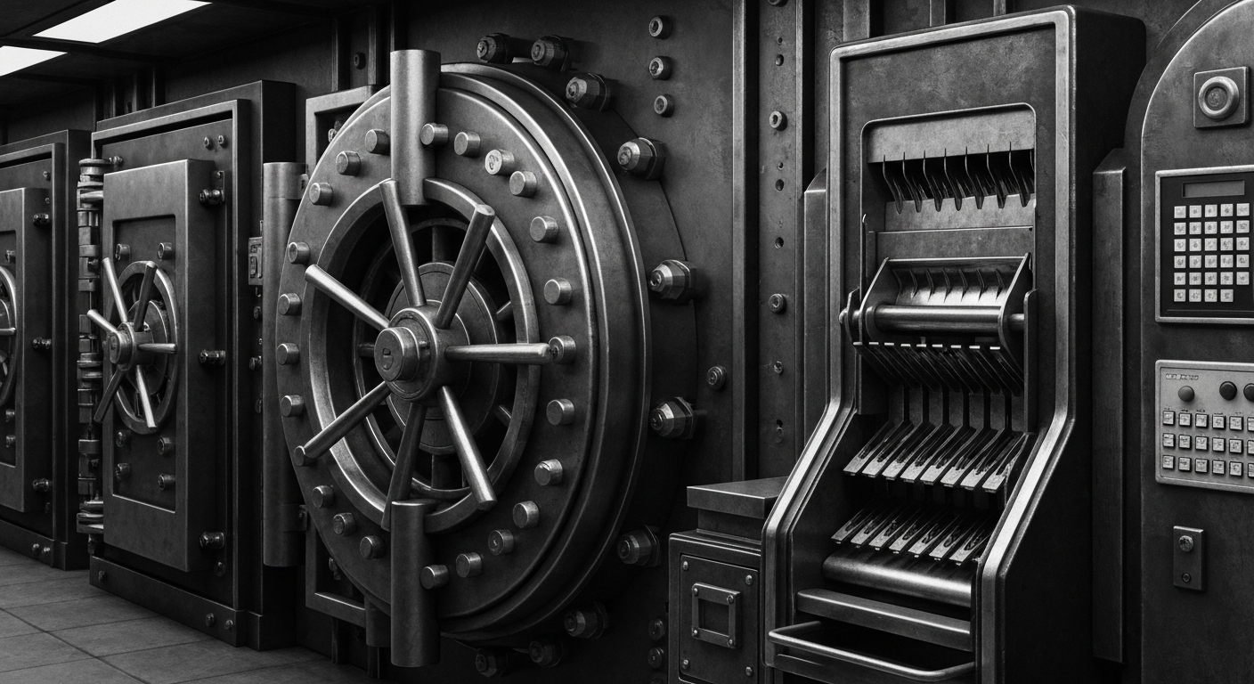 A high-contrast, black-and-white close-up image of heavy banking machinery and equipment, conveying the industrial, secure, and powerful nature of the financial sector.