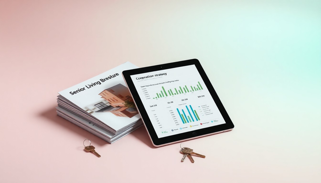 A minimalist studio still life photograph featuring a stack of senior living brochures, a set of keys, and a tablet device displaying occupancy data, all arranged elegantly on a clean, monochromatic background with dramatic lighting and shadows, conceptually representing the abstract corporate strategy and market data of the senior living industry.
