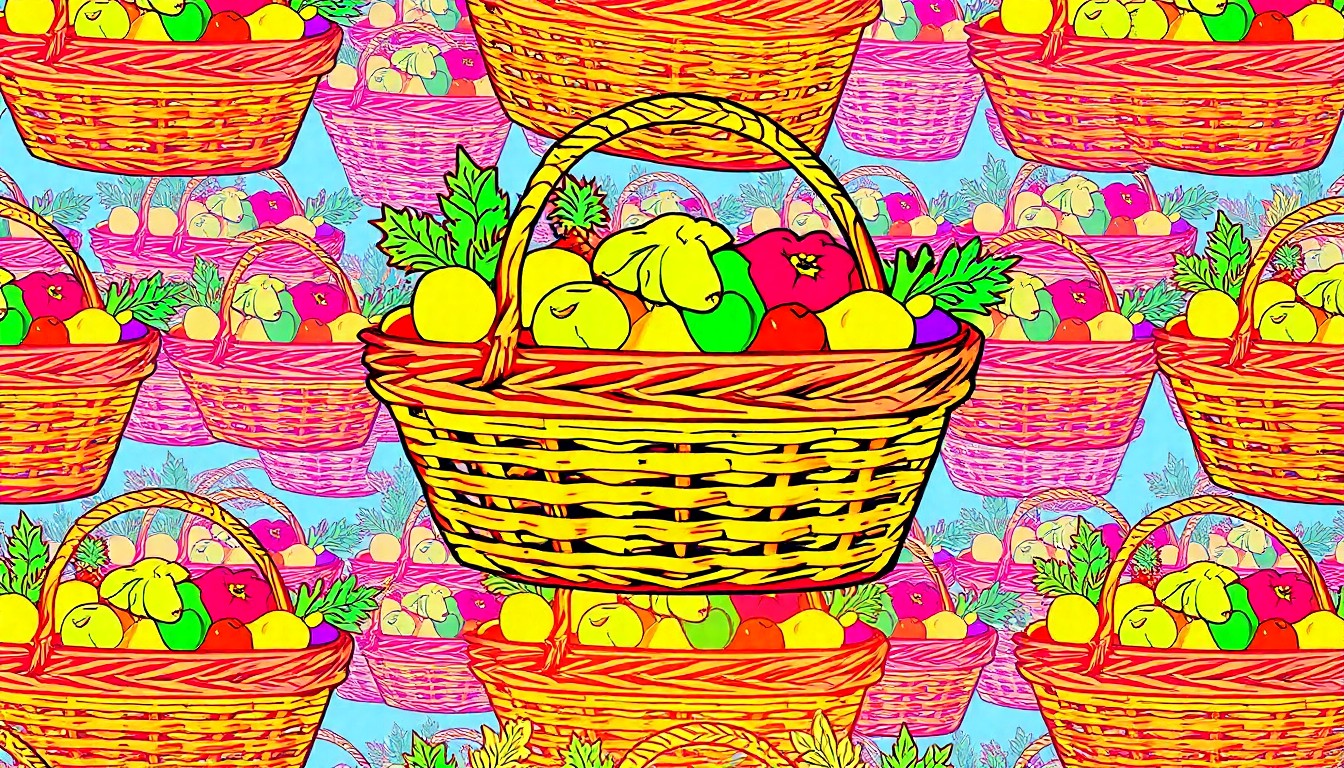 A bold, colorful silkscreen print featuring a repeating pattern of a picnic basket overflowing with fresh fruits and vegetables, conceptually representing the local food and community spirit of the Spring Fest event.