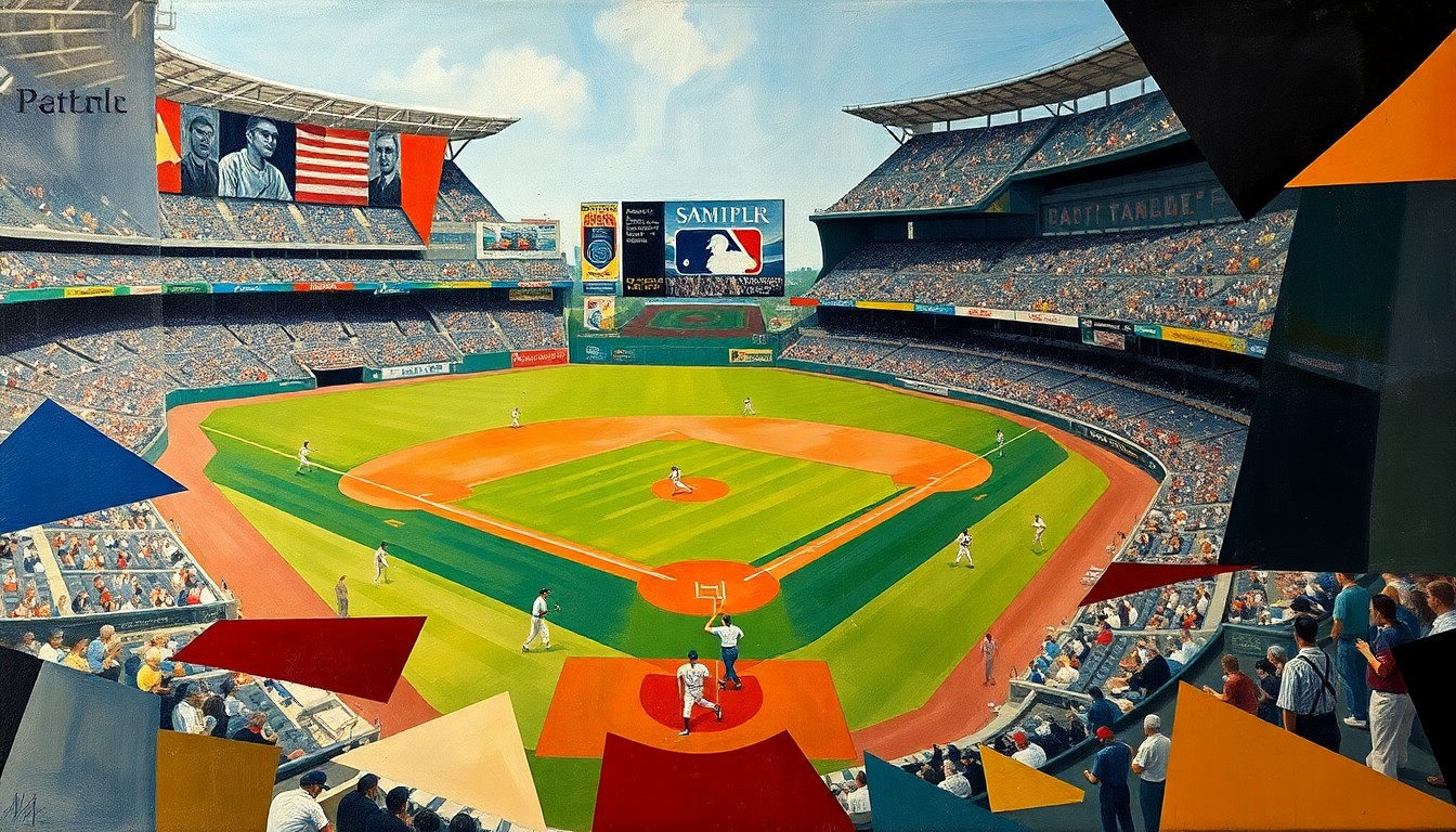 An abstract, cubist-style painting featuring overlapping geometric shapes and planes of color, representing the dynamic action of a baseball game without any recognizable players or field elements.