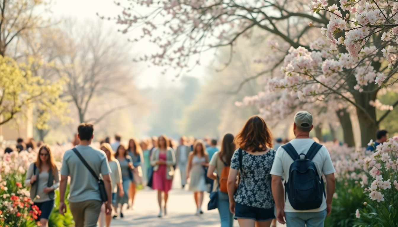 An impressionistic, blurred photograph in soft, warm tones depicting a crowd of people walking through a park filled with blooming azalea flowers, conceptually representing the joyful energy and community spirit of Wilmington's annual flower festival.