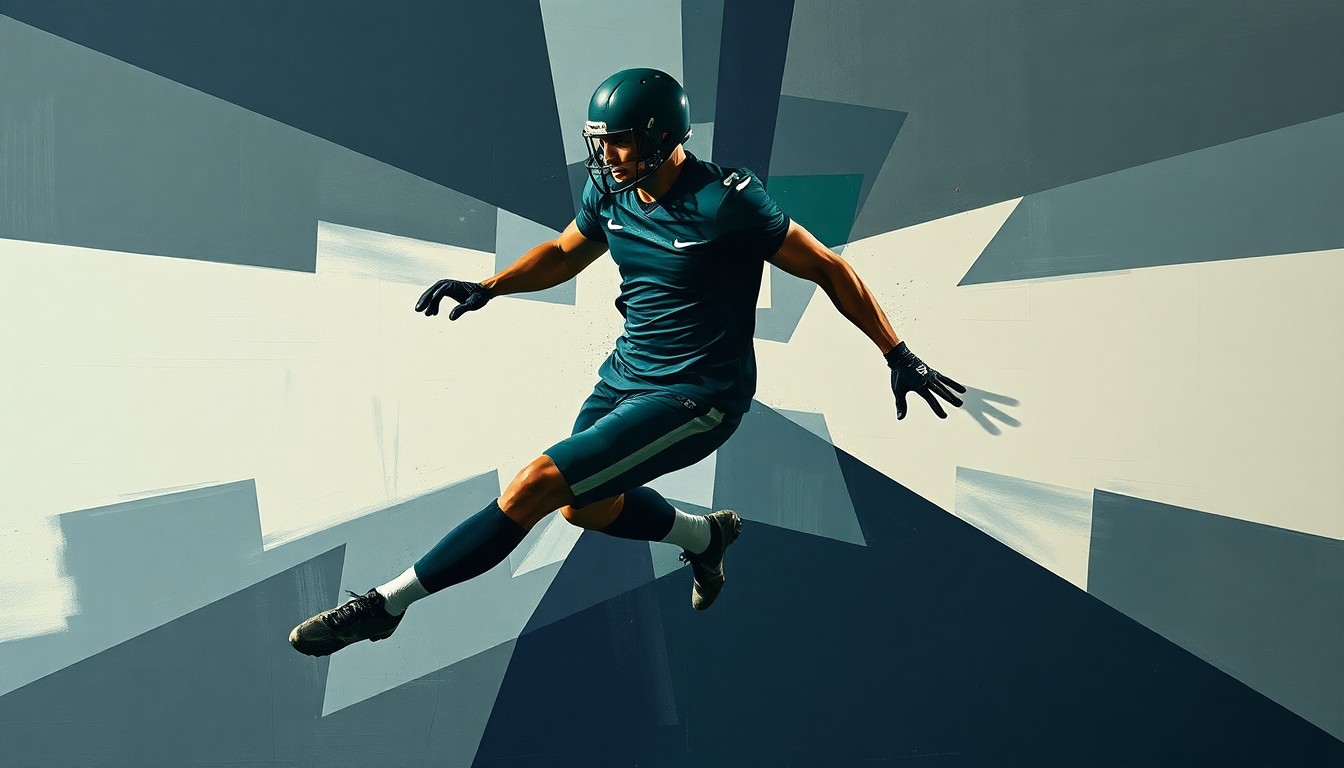 A fragmented, cubist-style painting depicting the distorted form of a football player, conveying the physical toll and career-ending nature of McGary's injury.