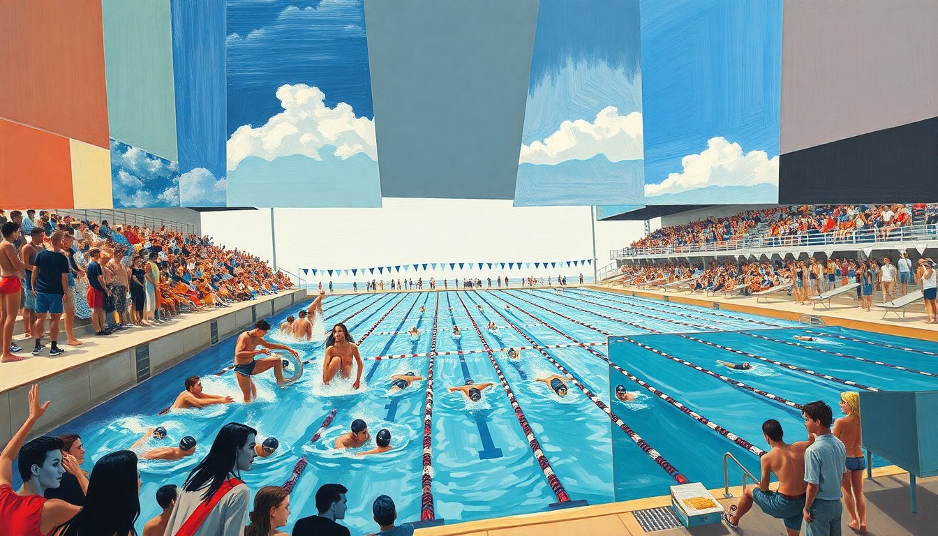 A cubist, geometric painting depicting the chaotic energy of a high school swim meet, with fragmented figures of swimmers, spectators, and water splashing in an abstract, multi-angled composition.