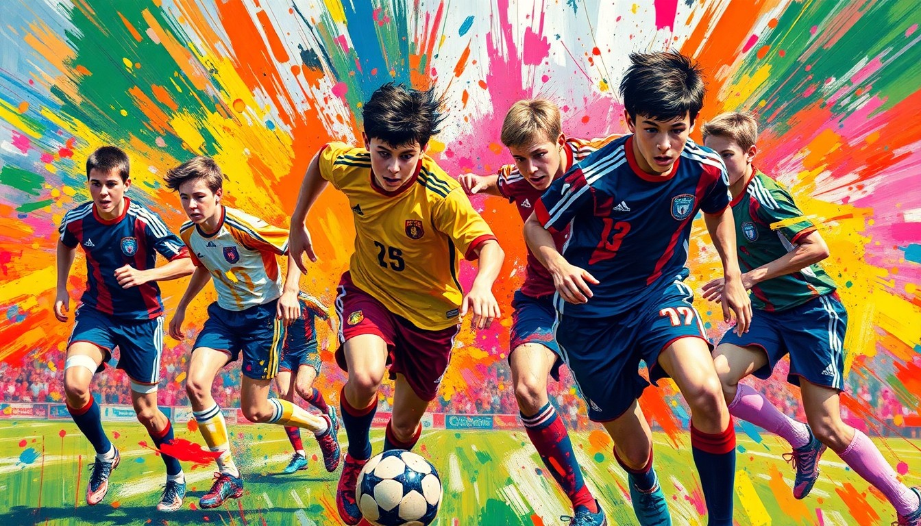 An abstract, energetic painting featuring bold, neon-colored brushstrokes that capture the dynamic motion and intensity of a high school boys soccer match.
