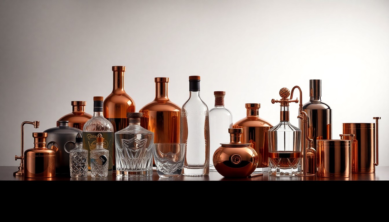A high-end, photorealistic studio still-life photograph featuring a collection of premium glass bottles, copper distilling equipment, and other polished metal objects arranged elegantly on a clean, monochromatic seamless background, conveying the abstract concepts of business strategy and market competition in the spirits industry.