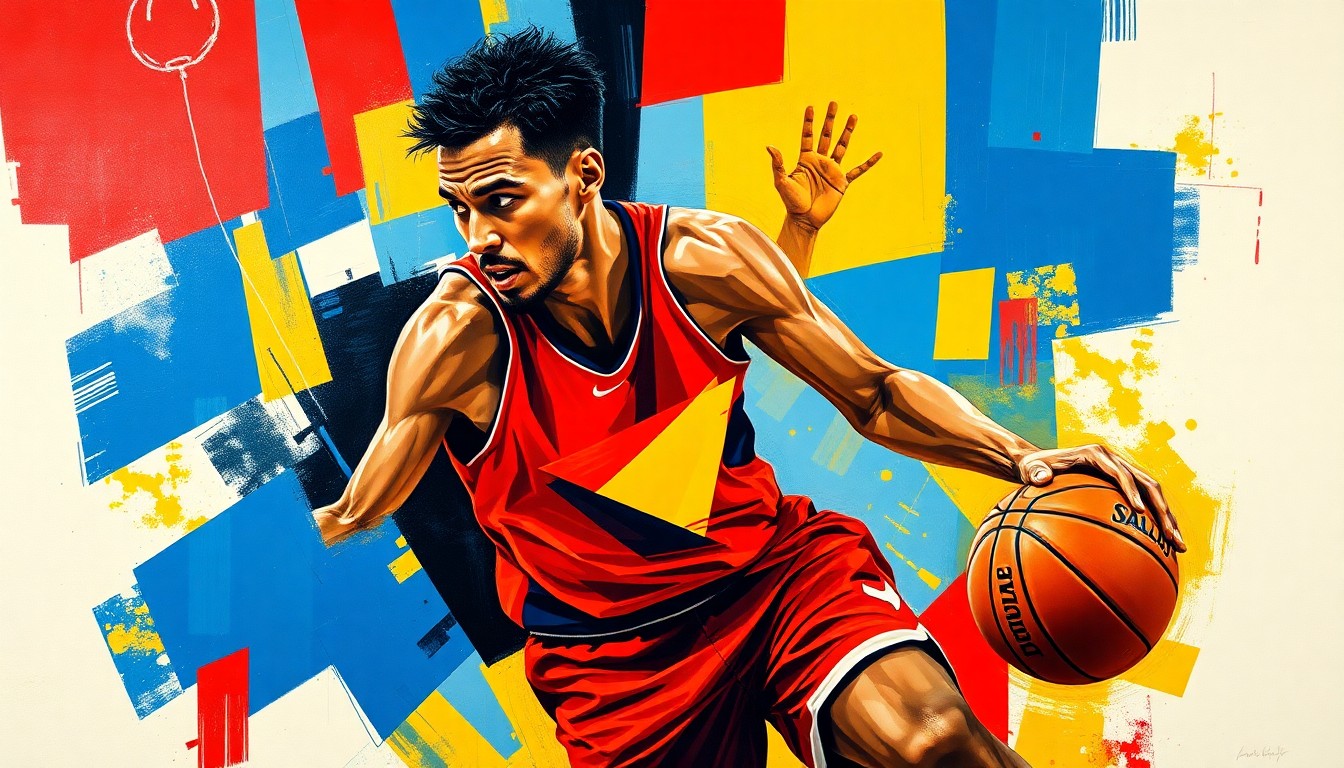 A cubist, geometric painting depicting the fragmented movements of a basketball player, using bold colors and angular shapes to convey the complexity of the sport.