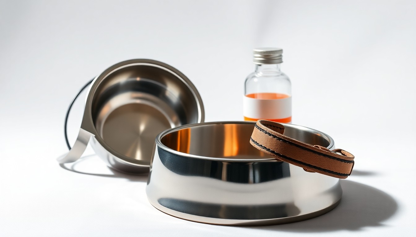 A high-end studio still life photograph featuring a polished metal pet food bowl, a sleek pet collar, and a bottle of premium pet medication, all arranged elegantly on a clean, white background with dramatic lighting and shadows, conceptually representing Chewy's strategic move into the pet healthcare market.