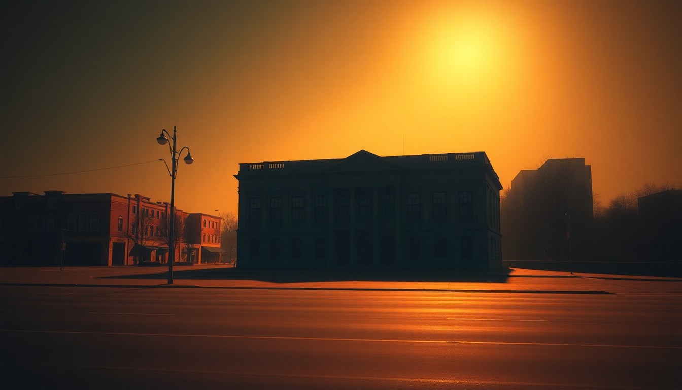 A serene, photorealistic painting of a city hall building in warm, golden light, conveying a sense of civic duty and community tension.