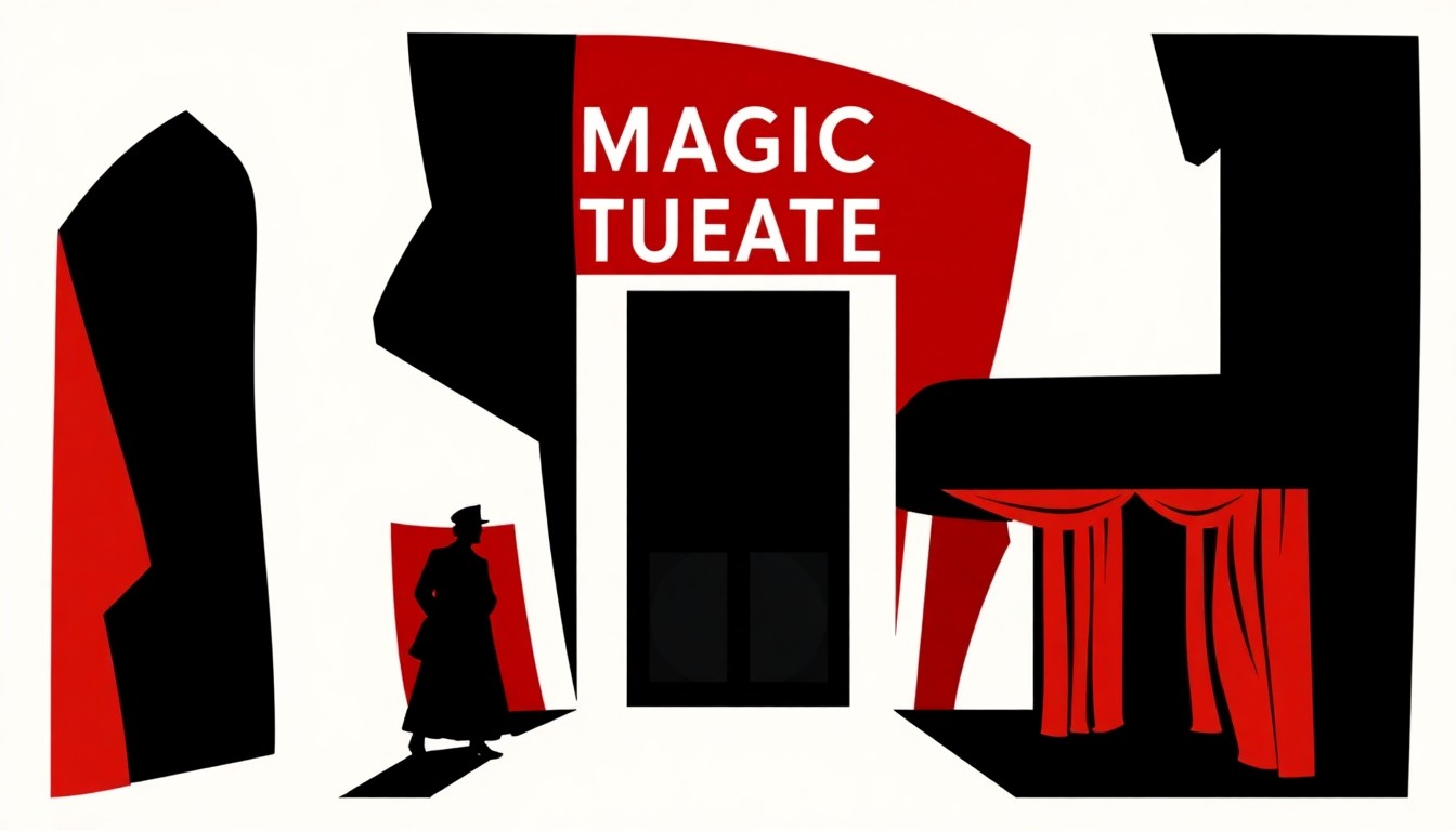 A dramatic, abstract composition of jagged black silhouettes and bold red geometric shapes, conceptually representing the grand opening of a new high-end magic theater in Chicago.