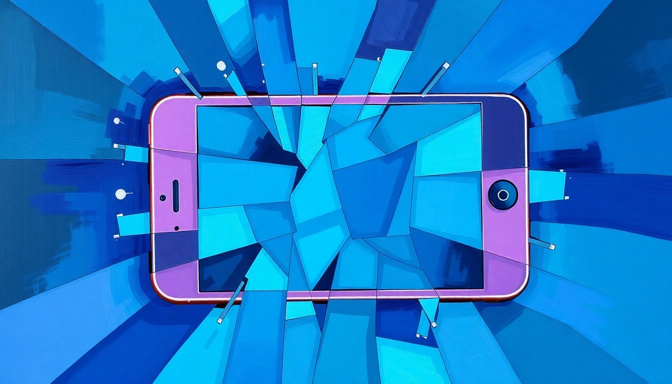A fractured, abstract painting of a smartphone device in overlapping geometric shapes and waves of deep blue, teal, and violet colors, conveying the chaotic and disruptive impact of social media on young people.