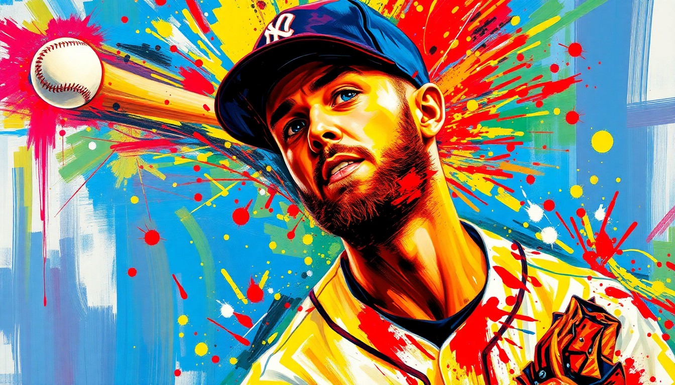 An abstract, expressionist painting in neon colors depicting the explosive motion and energy of a baseball pitcher, with the player's face blurred and indistinct, conceptually representing the mental focus and intensity of the athlete.