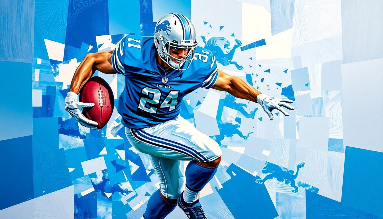 A fractured, geometric painting depicting a Detroit Lions football player in action, with sharp planes of Honolulu Blue and Silver colors representing the team's official palette.