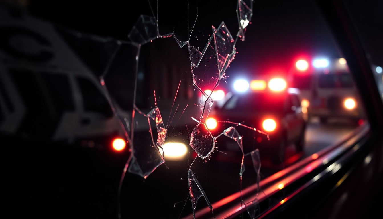 An extreme close-up of a shattered car window reflecting the flashing lights of emergency vehicles, conceptually illustrating the aftermath of a deadly collision on the highway.