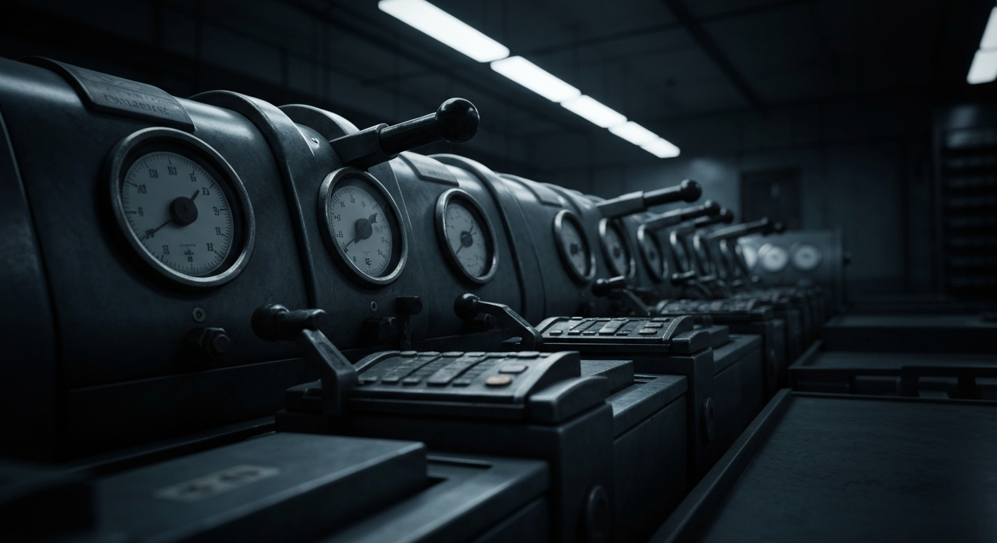 An extreme close-up of gears, levers, and other heavy industrial banking equipment, conveying a sense of institutional financial security and stability.