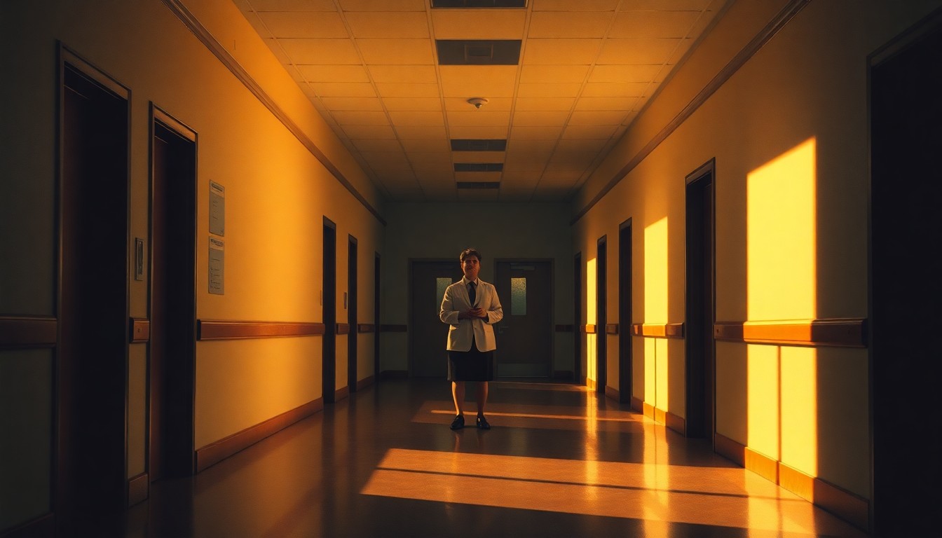 A serene, cinematic painting depicting a lone teacher standing in an empty school hallway, the space filled with warm, golden light and deep shadows, conveying a sense of solitude and determination in the face of an ongoing struggle for educational equity.
