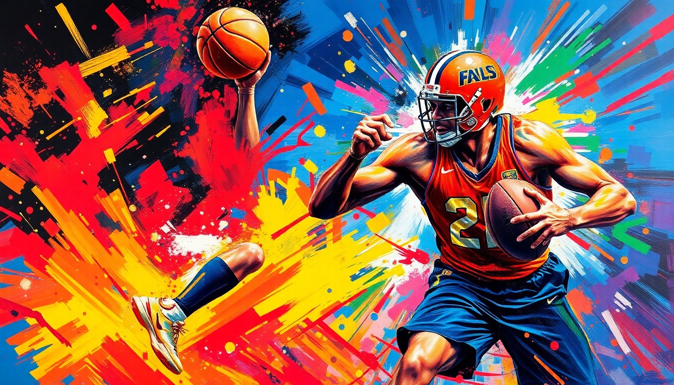 An abstract, energetic painting in neon colors depicting the dynamic movements and energy of various sports, representing the collaborative spirit of Shaquille O'Neal's new youth community center project.