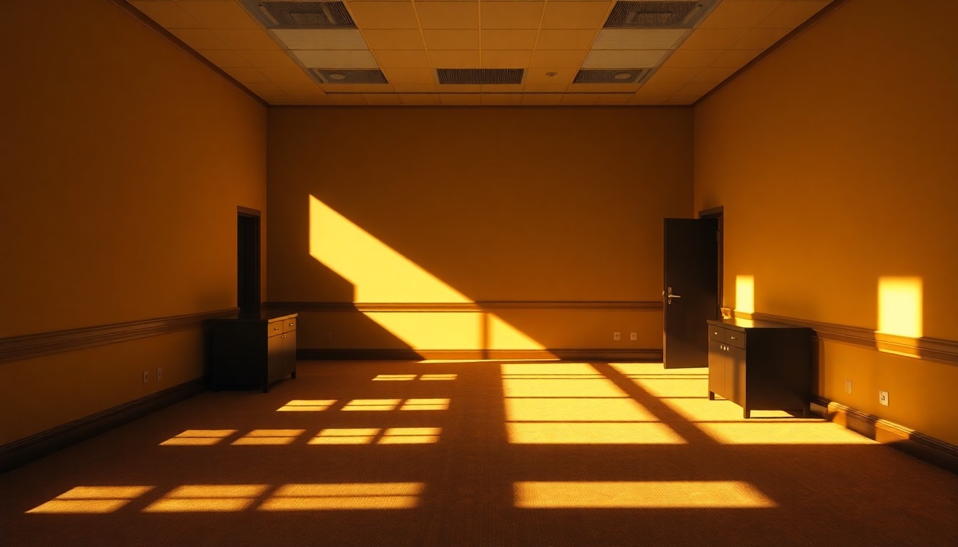A dimly lit, cinematic painting of an empty government office space with warm sunlight streaming through the windows, creating a sense of solitude and uncertainty.