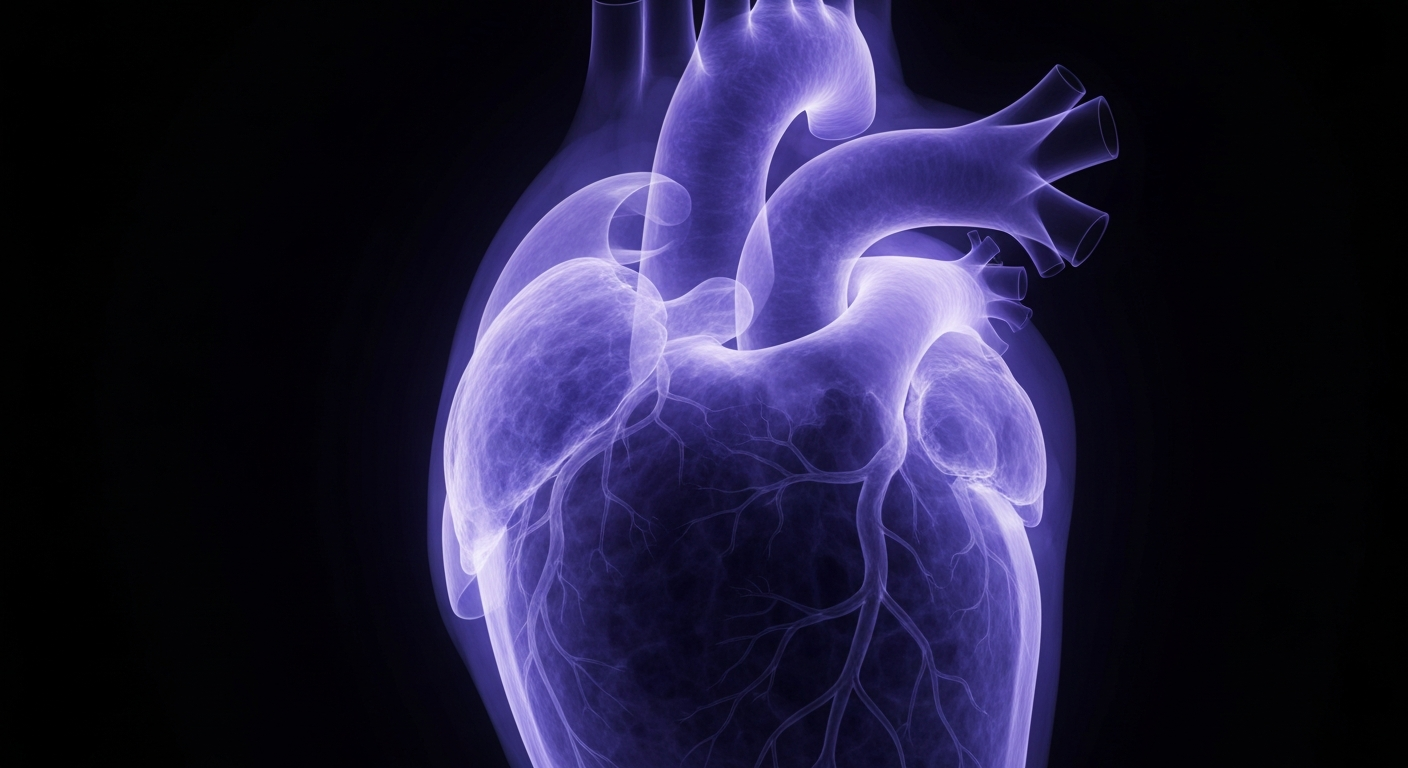 A ghostly, translucent X-ray photograph revealing the intricate internal structures of a human heart, glowing with veins and arteries in shades of blue and purple against a dark background, conceptually representing the life-saving technology now available at Fairview Park Hospital.