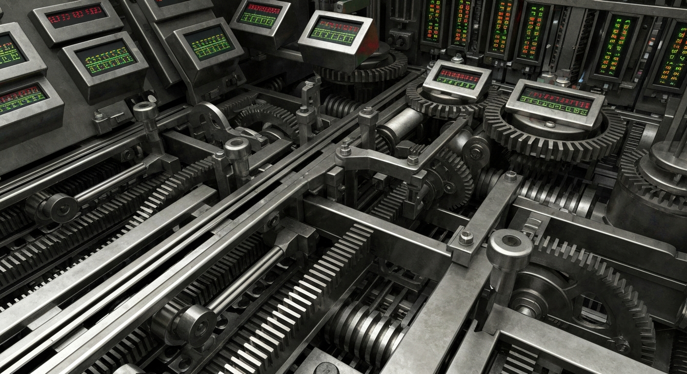 An extreme close-up of a complex, interlocking network of metal gears, levers, and digital displays representing the inner workings of a secure banking system. The heavy, industrial machinery conveys a sense of financial power and institutional control.