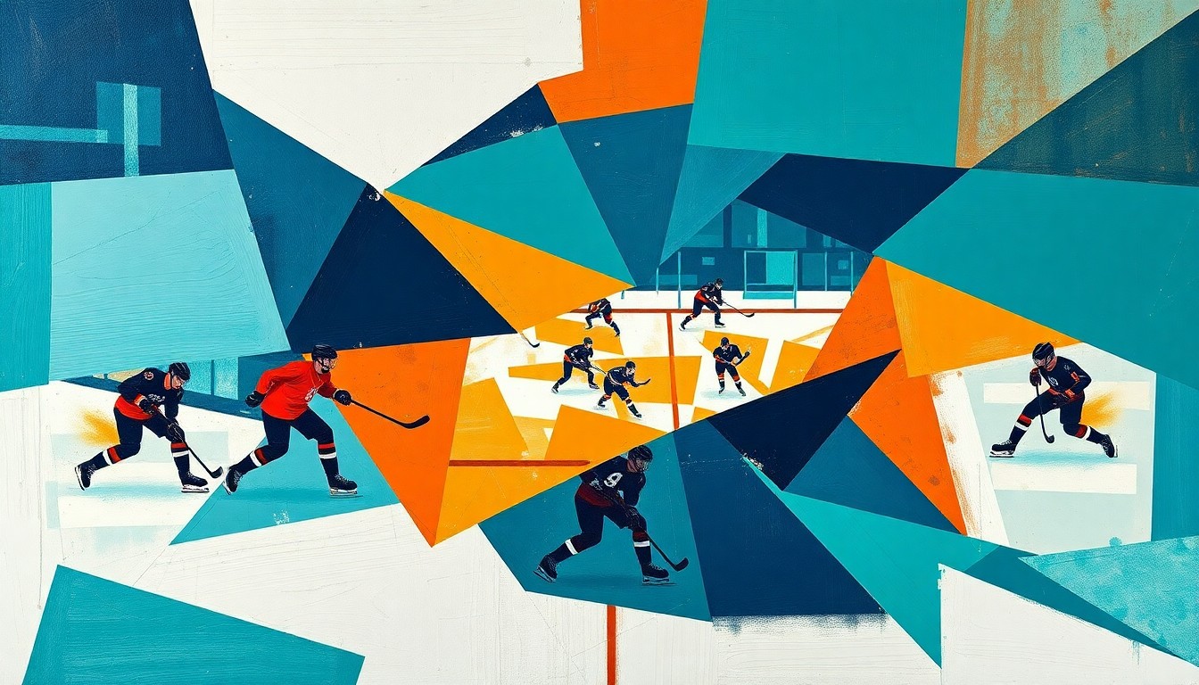 A fragmented, geometric painting depicting a hockey game from multiple angles, with sharp planes of teal, orange, and navy blue representing the players, puck, and arena.