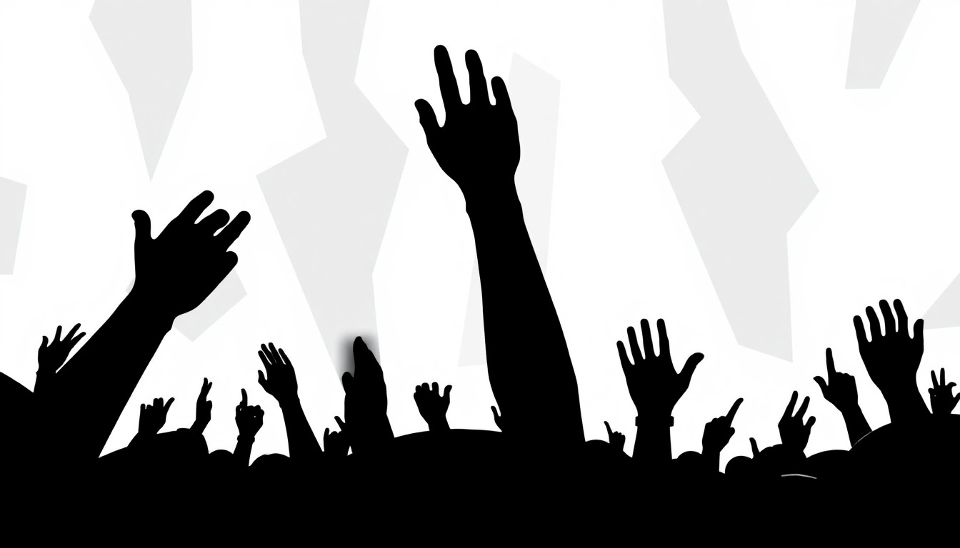 An abstract, minimalist illustration featuring stark black silhouettes of people and musical instruments against a stark white background, capturing the energy and excitement of a country music festival.